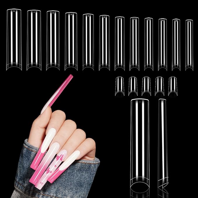 TOMICCA XXXL Square Nail Tips 240Pcs, 12 Sizes Extra Long Nail Tips for Gel Nails, Half Cover Straight Tapered Square French Nails for Nail Salons Home DIY
