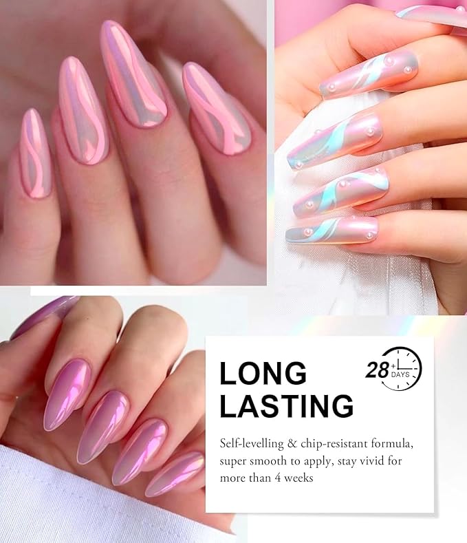 Pearl Chrome Nail Powder BISHENGYF -【Fairy Effect】Pink Chrome Nail Powder White Pearlesent Aurora Mermaid Iridescent Nail Chrome Powder, Metallic Mirror Glitter Pigment Dust For Nail Art DIY 2PCS