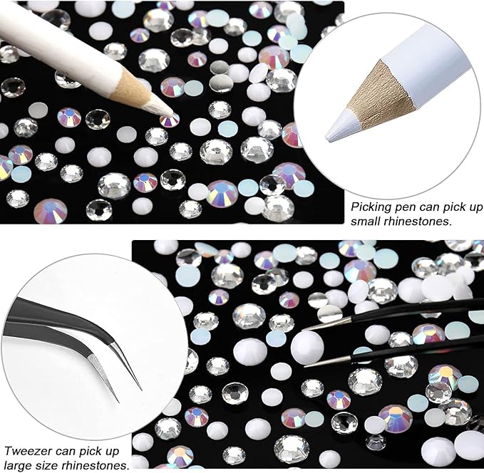 15000PCs 2-6MM White Series Resin Flat Back Rhinestones, Round Non Hotfix Jelly & Silver Bottom Resin Rhinestones Nail Gems Stones with Tweezer & Picker Pen for Nail Art Tumblers & DIY Crafts