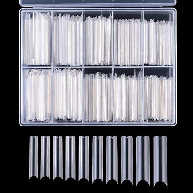 LoveOurHome 200pc XL C Curve Nail Tips Extra Long Tapered Square Fake Nails Half Cover Clear Artificial Nail Art Tips 10 Size False Nails Tech Supplies for Gel Acrylic Nail Extension