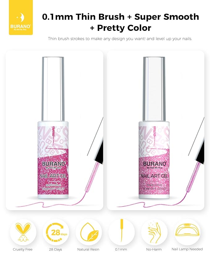 BURANO Gel Nail Polish Liner Nail Art Polish, Silver Gold Painted Gel Nail Design Polish 2 Bottle 8ml, Build in Thin Nail Brush Curing Required LX15 LX28