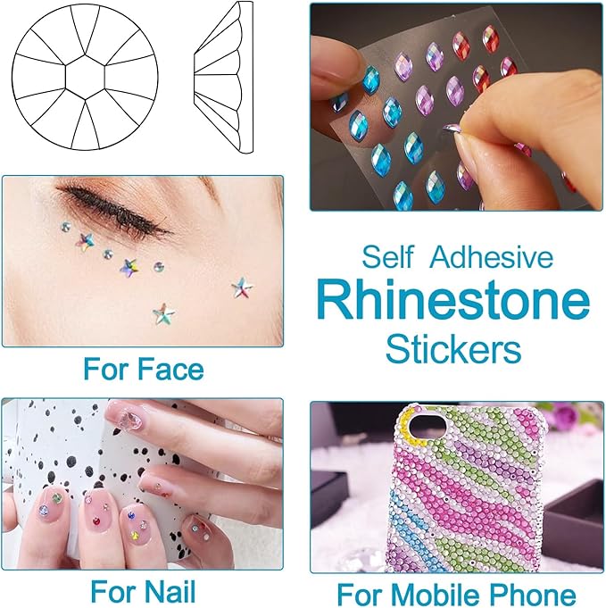 Craftdady 12 Sheets Resin Rhinestone Stickers Heart Teardrop Flower Star Stick On Face Gems Stick On Nail Body Resin Beads for Halloween Makeup Nail Art Wedding Scrapbook