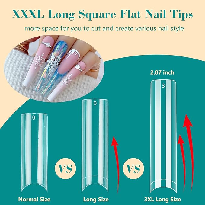 200PCS 3 4 5 6 Size NO C Curve Clear Nail Tips for Acrylic Nails Professional, 3XL Long Flat Tapered Square Nail Tips, Half Cover Straight French Fake Nail Tips Nail Extension for Nail Salons Home DIY
