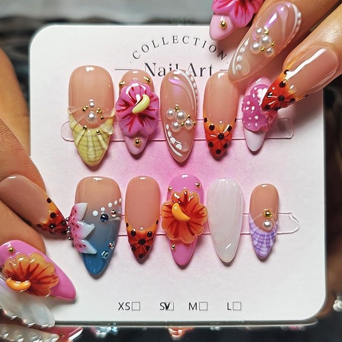Handmade Acrylic Press On Nails Almond, 3D Press On Nails Medium, Flower 3D Pink Nails French Tip Bubble Preal For Women Gift, Reusable Stick On Fake Nails Kit With Nail Glue (Floral Dreamscape-S)