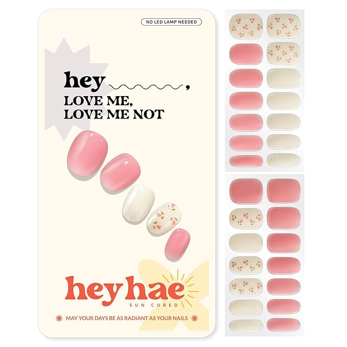 Heyhae Semi Cured Gel Nail Strips | No LED Lamp Needed | Easy Apply & Remove, Salon Quality | Includes 28 Strips, 1 Prep Pads, Nail File & Wooden stick - Hey, Love Me, Love Me Not