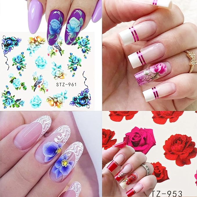 24 Sheets Flowers Nail Art Stickers Water Transfer Decals Floral Butterfly Rose Nail Art Design Nails Supplies for Women Girls Manicure Tips Decoration Holographic DIY Fingernail Charms Sticker