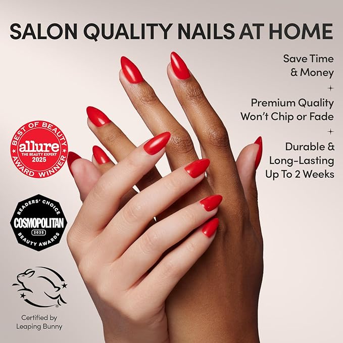 Glamnetic Press On Nails - Fiery Red Fake Nails | Opaque Bright Red Short Almond Fake Nails, Salon Quality | 15 Sizes - 30 Nail Kit with Glue
