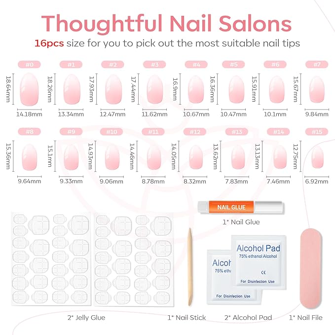 Modelones Press on Nails Short, Oval Spring Fake Nails, Reusable Nail Kit with Nail Glue Adhesive Tabs Mini Nail File, Nails Press Ons 32Pcs 16Sizes, Women Girl Gift, Pink Ombre