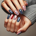 4th of July Press on Nails Medium Square MABKJLF Fake Nails False Nails with Stars Stripes Designs Full Cover Glossy Glue on Nails Blue Red White Acrylic Nails for Women Girls 24 Pcs
