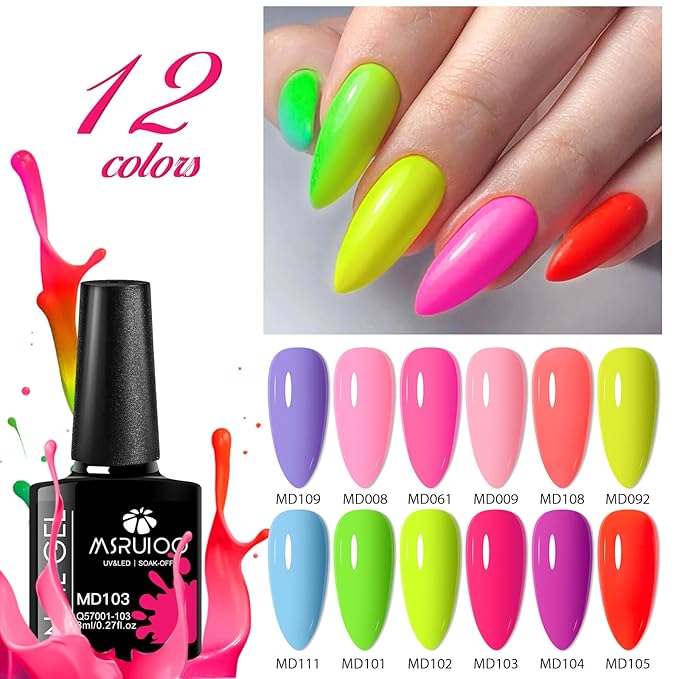 12PCS Bright Gel Nail Polish Kit - Purple, Pink, Green, Rainbow - All Season Fun DIY Manicure Kit