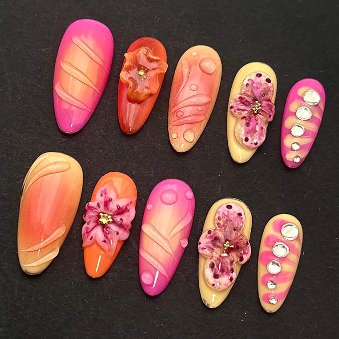Luxury Press on Nails Medium Almond Handmade 3D Unique Reusable ABS Material Fake Nails Tropical False Nails with Designs Rhinestones Flower Art Petal Glossy Glue on Nails Thick Acrylic Nails(M)