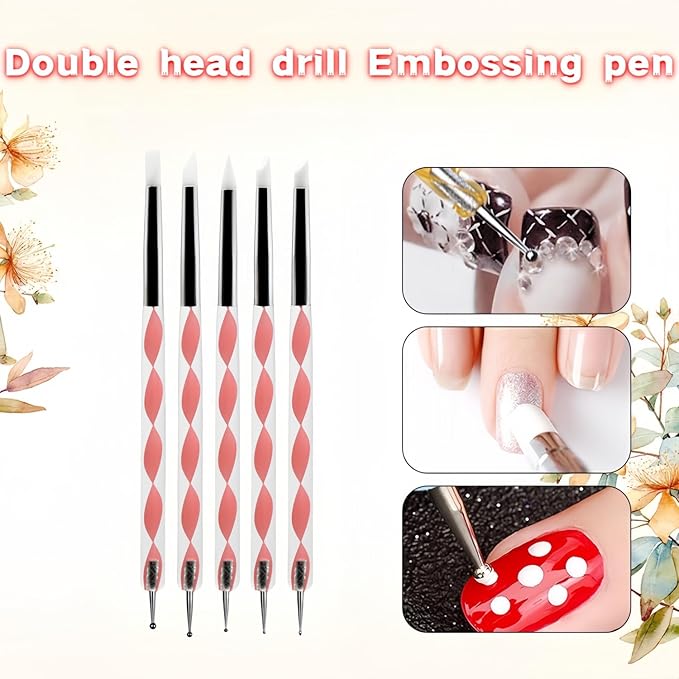 5PCS Dual-Ended Nail Art Dotting Tools – Silicone Sculpting Pens & Ball Stylus Set for Gel Polish, Builder Gel, Chrome Powder, 3D DIY Nail Art Design & Manicure Decoration