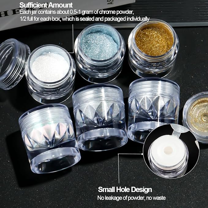 Chrome Nail Powder Kit, 6 Colors Chrome Powder with 3D Sculpting Gel for Nail Art Gold Silver Metallic Mirror Effect Pigment Holographic Glitter White Pearl Dust Kit for Manicure Decor