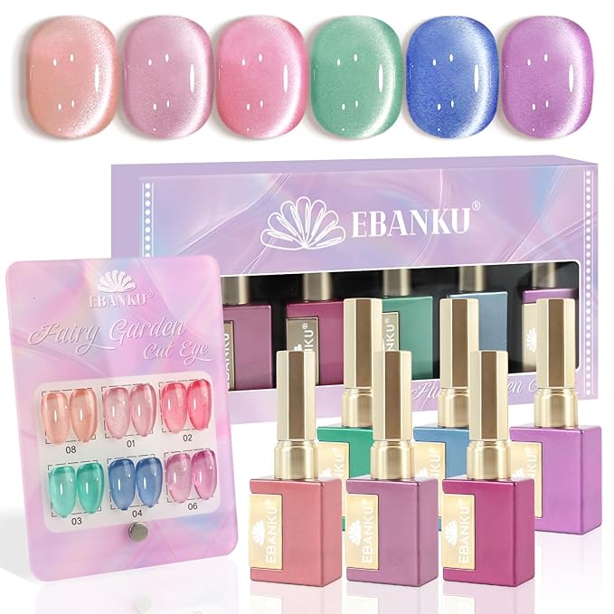 EBANKU Cat Eye Gel Polish Set Same Color Same Bottle, 6Pcs 0.5Oz Holographic Nude Pink Red Blue Magnetic Gel Nail Polish Kit, Soak Off UV Gel Cat Eye for Manicure Salon DIY at Home