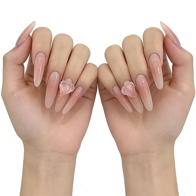 3D Heart Diamonds Press On Nails for Women-Long Almond Nude Pink Fake Nails,30pcs Reusable False Nails with Jelly Glue for Prom, Wedding&Daily Wear