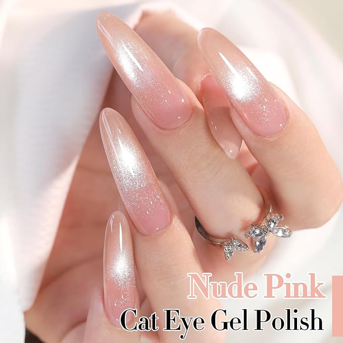Double Rhythm 0.5 Oz Cat Eye Gel Polish with Magnet Same Color Same Bottle Holographic Glitter Shimmer Translucent Color Salon 15 ML Magnetic Nail Art (Nude Pink-MC1154)