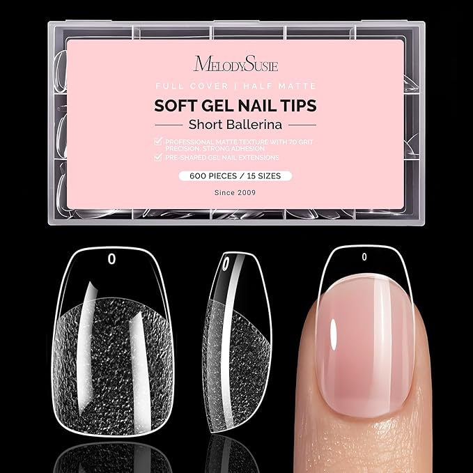 MelodySusie Short Ballerina X Nail Tips - 600Pcs 15 Sizes Clear Acrylic, Half Matte Full Cover Press on Nails for DIY Extension & Salon Use, Pre-Shaped for Long-Lasting Manicure
