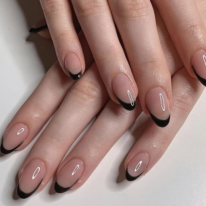 Modelones Black French Tip Press on Nails Almond, Short Almond Fake Nails, Reusable Nail Kit with Nail Glue Adhesive Tabs Mini Nail File, Nails Press Ons 32Pcs16 Sizes