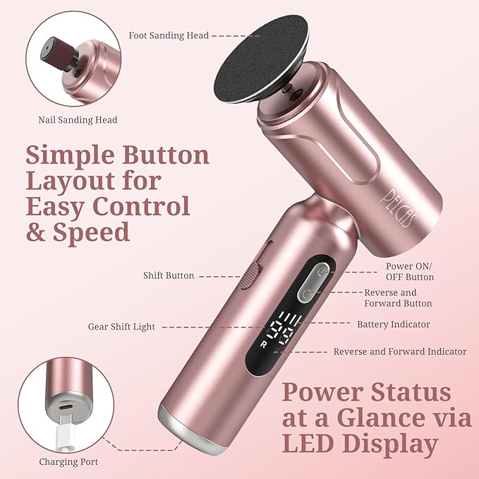 PELCAS Electric Foot Callus Remover with LED Screen, 2 in 1 Manicure & Pedicure Kit, 100 PCS Sandpapers Electric Foot File for Women & Men, Cordless Feet Filer for Foot Callus, Thick Nails Pink