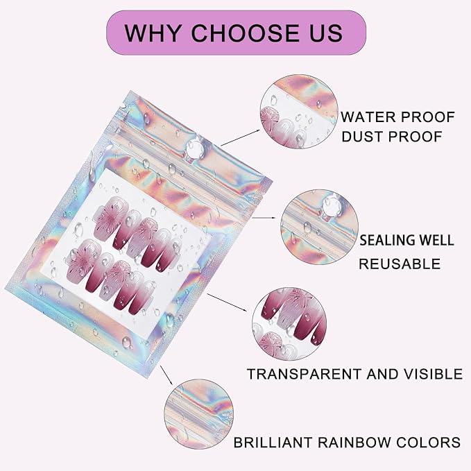 100 PCS Press on Nail Packaging Bag for False Nail Tips Holographic Press On Nail Storage Bag 100 PCS White Card with 2 Roll Transparent Tape for Nail Display Fake Nail Storage Organizer Nail Supplies