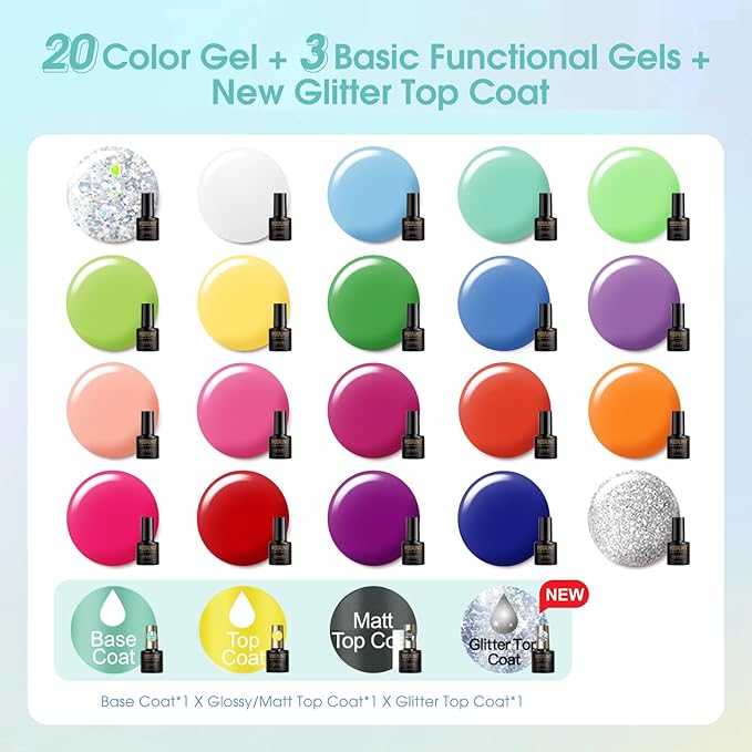 ROSALIND 24Pcs Neon Gel Nail Polish Set with Gel Base and Matte Glossy Glitter Top Coat, Bright Neon Colors Nail Gel Polish Soak Off UV Manicure Rainbow Nail Art