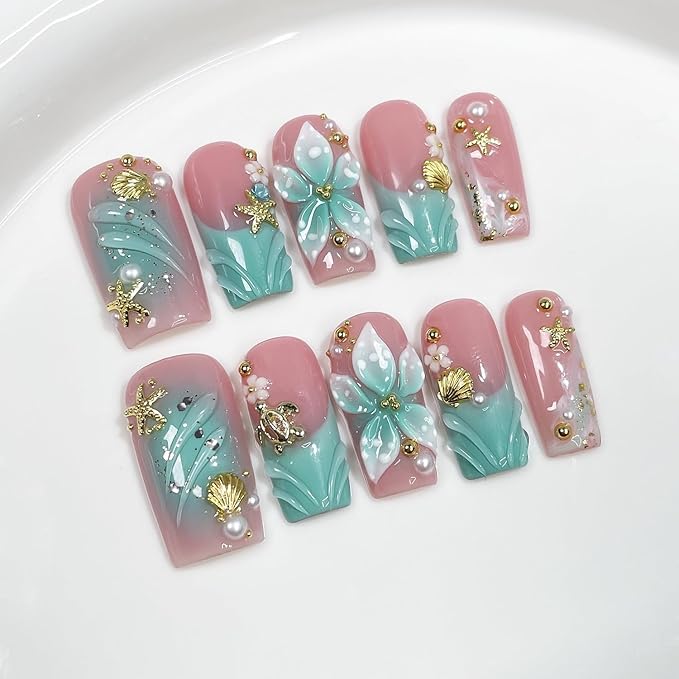 Handmade Press on Nails French False Nails Medium Coffin Fake Nails Gradient Flower Acrylic Nails Full Cover Reusable 3D Starfish Shell Fake Nails for Women Girls Accessories (Size M)