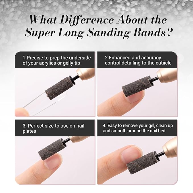 MelodySusie 50 Pcs Nail Drill Bits Super Long Sanding Bands with 6.65mm Crystal Mandrel Bit, 120 Medium Grit Nail File for Acrylic Nails Gel Manicures and Pedicure, Black