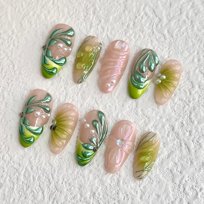 Luxury Press On Nails Medium Almond Handmade 3D Unique Reusable ABS Material False Nails Green with Designs Pearls Floral Art Petal Glossy Glue on Nails Thick Acrylic Nails (10 Pieces, 1 Set)