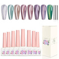 8Pcs 12ML Cat Eye Soak Off UV LED Gel Nail Polish Flower and Grass Series,Green Crystal Mint Tea Soft Pink Glitter Cat Eye with Magnet