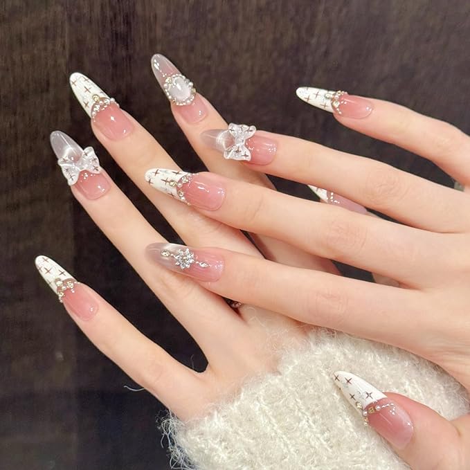 Handmade Press on Nails Stiletto French Style with Cat Eye Gradient in Oil White Adorned by a Decorative Bow and Diamonds Handmade Stiletto Press on Nails 3D Luxury Press on Nails（L）