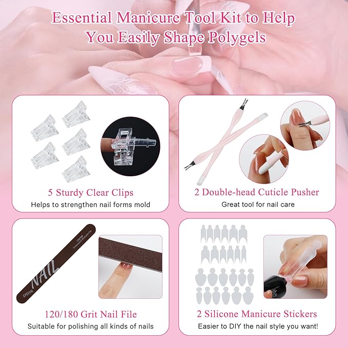 Nail Dual Forms for Poly Gel Set, 12 Styles 12 Sizes Nail Mold Extension Forms, 144Pcs Full Cover False Nail Tips, Duet System with 5pcs Nail Clips Nail Brush Nail Files Cuticle Trimmer