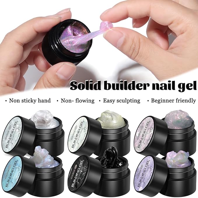 Solid Builder Gel Kit, 6 Colors Non Sticky Hand Solid Builder Gels for Nails Aurora Blue Pink Pearl White Hard Gel With Silicone Carving Pen 3D Sculpting Nail Art Starter Kit