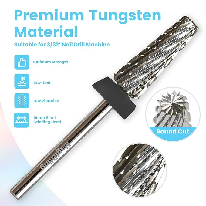16mm 5 in 1 Tapered Barrel Nail Drill Bits, 3/32'' Safety Tungsten Carbide Bits, Right & Left Rotation, Manicure Cuticle Gel Acrylic Removal Polishing, Technicians Bits, Extra Coarse