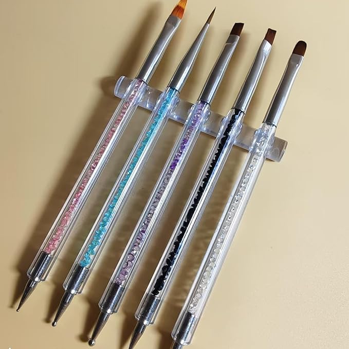 5pcs Nail Art Brushes, Double-Ended Acrylic Nail Brush Set with 5/7/10/12/15mm Nail Liner Brushes and Dotting Pens for French Nails Women Girls DIY Manicure