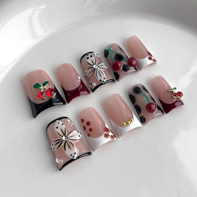 French Tip Press on Nails Handmade Short Duck 3D Floral Thick Acrylic Nails False Nails with Flower Rhinestones Pearls Cherry Tortie Designs Glossy Fake Nail Sturdy Art Press on Nail 10Pcs(S)