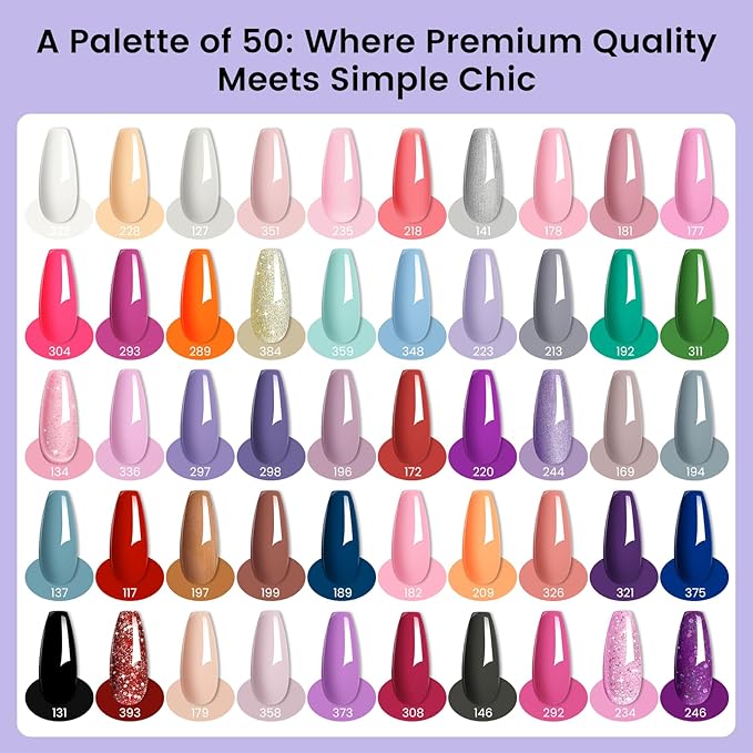 Phoenixy 66Pcs Gel Nail Polish Kit with U V Light, 50 Colors Gel Nail Kit Pink White Burgundy Glitter 5Pcs Base Top Coat Valentine DIY Manicure Starter Set for Beginners Gift for Women