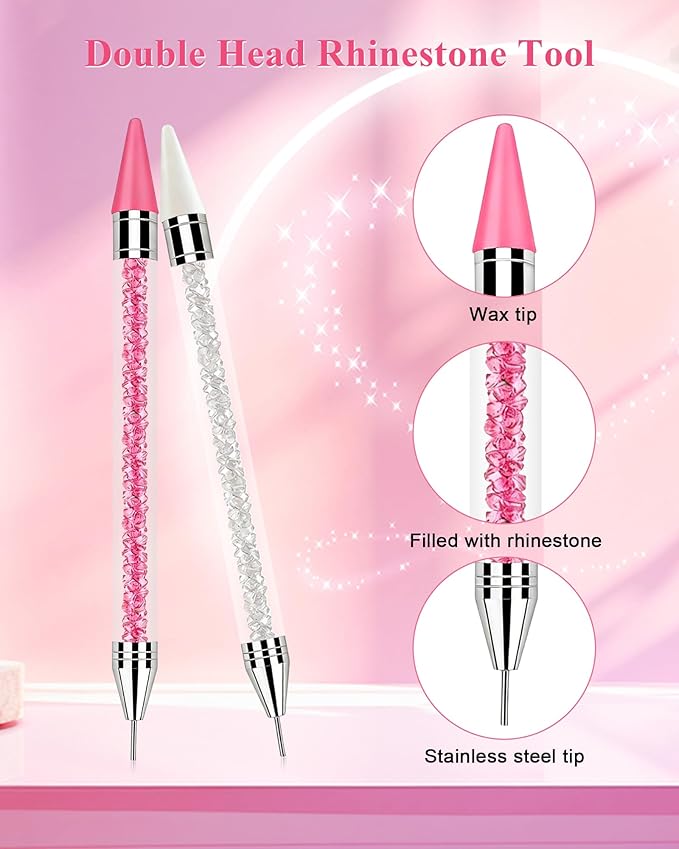 Difenni Rhinestone Picker Tool, Wax Pencil for Rhinestones Tool, Dual-Ended DIY Nail Bedazzling Tools with 2 Extra White and 2 Extra Pink Replaceable Wax Head and 1 Tweezer(White and Pink)