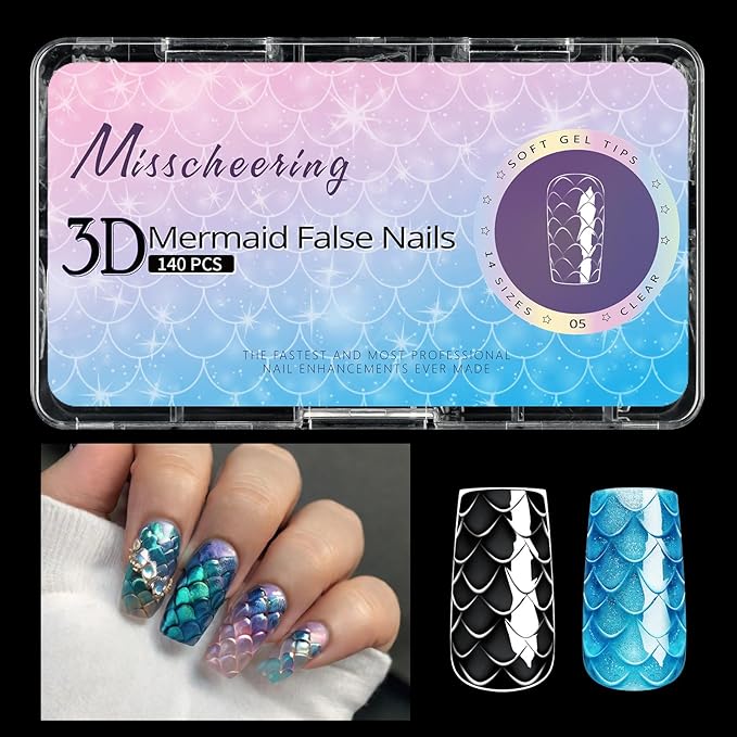 3D Diamond Shaped Polygel Nail, Extension Clear Full Cover False Nail Tips, Hybrid Gel Acrylic Nail, Diamond Fake Nails, 14 Sizes Building Artificial Press on Nail (Fish Scales 5, 140pcs)