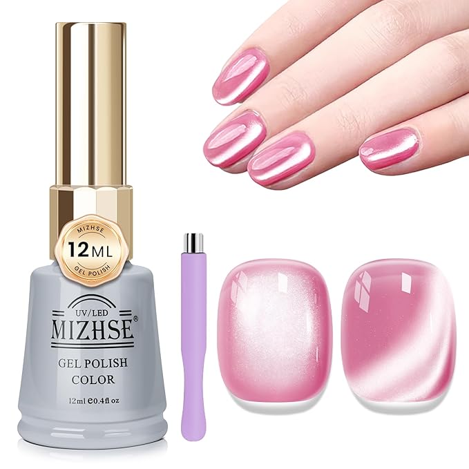 MIZHSE Cat Eye Gel Nail Polish, Ceramic Magnetic Gel Polish with Magnet Stick, Crystal Shimmer Pink Colors Nail Gel Soak Off Nail Art Salon Home Gift for Women 12mL