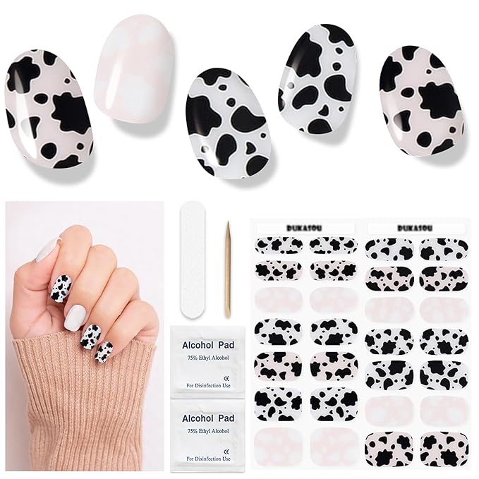 Semi Cured Gel Nail Strips (Dairy Cow), 28 pcs Gel Nail Stickers, Work with Any UV Lights, Long-Lasting NailWraps for Women Art DIY Design, Easy to Apply & Remove, Salon-Quality