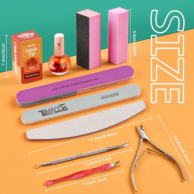 TsMADDTs Manicure Tools Kit Nail Care Kit with 3 pcs Files, 2 pcs Buffer Blocks, 2 Polishing Buffers, Cuticle Nipper, Pusher and Cuticle Oil