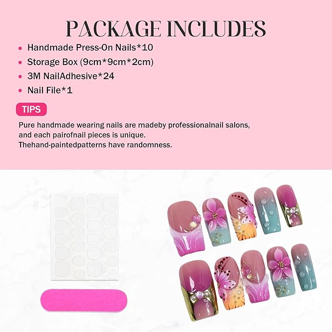 10Pcs Press on Nails Medium Handmade Square Fake Nails with 3D Flower Designs Purple Ombre French Tip False Nails Luxury Glossy Acrylic Nails Press Ons Reusable Stick on Nail for Women (Size M)