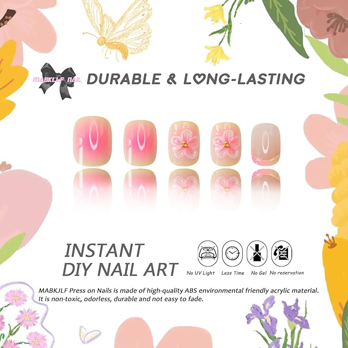 3D Short Square Press on Nails French Tip Fake Nails Pink&Yellow False Nails with Flower Water Drop Designs Glossy Glue on Nails Floral Stick on Nail for Women Girls 24Pcs