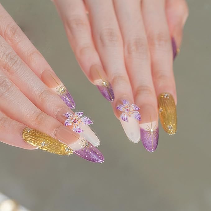 Sun&Beam Nails Handmade Press-on Long Almond Purple Yellow Rhinestone Hand-Painted Gradation Design Fashion False Nail Tips 10 Pcs Set (#222 S)