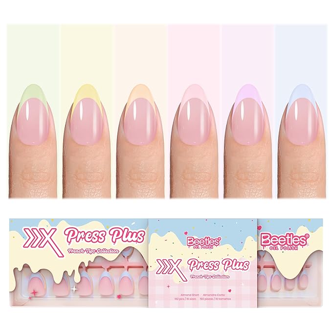 Beetles French Tips Press On Nails, Pastel Spring Nails Short Almond 6 Colors 192 Pcs, Spring Fake Nail Tips, Pink Blue Green Soft Gel Nails False Nails Art DIY For Women