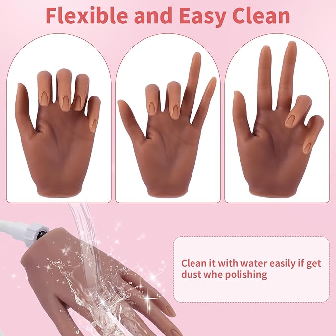 Silicone Practice Hand for Acrylic Nails: Soft Touch Liquid Silicone - Flexible Realistic Nail Mannequin Hand Practice for Training (BROWN)