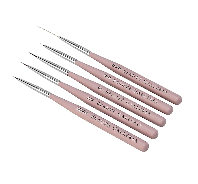 Beaute Galleria 5 Pieces Nail Art Brush Set with Liners (4mm, 7mm, 9mm) Striping Brushes (5mm, 25mm), for Thin Fine Line Drawing, Detail Painting, Striping, Blending, One Stroke