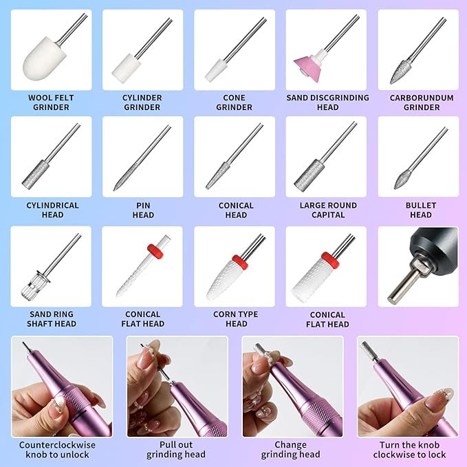 Professional Electric Nail Drill Kit 35000RPM with 14PCS Bits Purple Blue Portable Rechargeable Cordless File Machine for Acrylic Gel Powder Nails and Manicure Pedicure Toenail Tool Salon Set