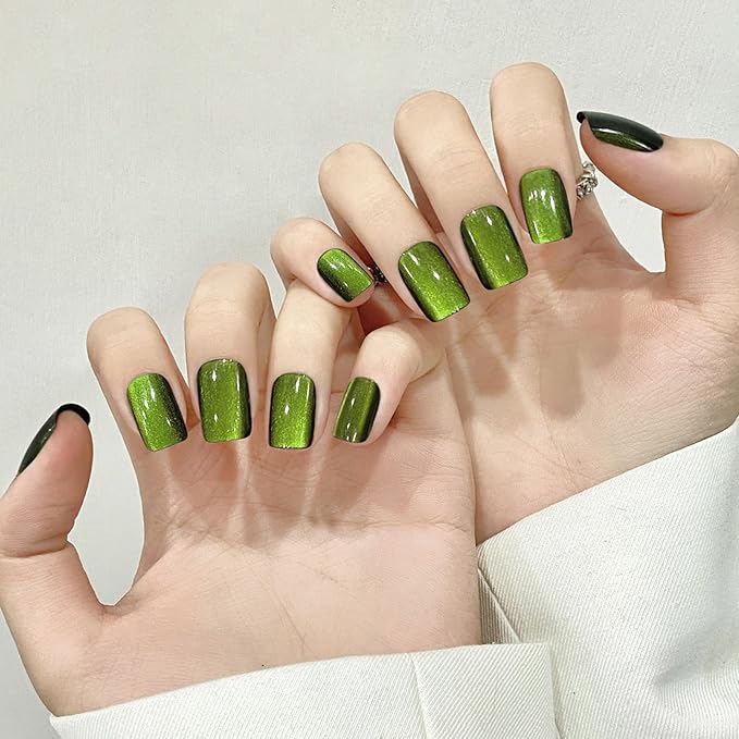 Green Cat Eyes Press On Nails,12 Sizes - 24 Pcs Soft Gel Green Medium Square Fake Nails Kit with Nail Glue, Natural Reusable Stick On False Nails for Women and Girls (Skycloud Nails) SK0925