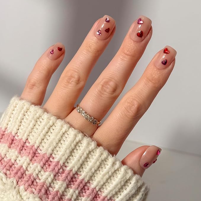 Valentines Day Glamnetic Press On Nails - Dear Lover | Short Squoval Fake Nails in Sheer Base with 3D Red & Pink Gemstone Heart Designs in a Glossy Finish | 15 Sizes - 30 Nail Kit with Glue